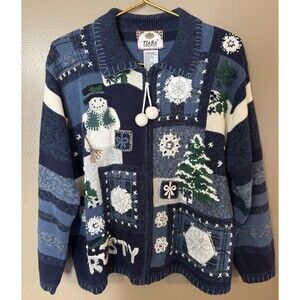 VTG Tiara Christmas Womens Cardigan L Holiday Frosty Snowman Patchwork Retro